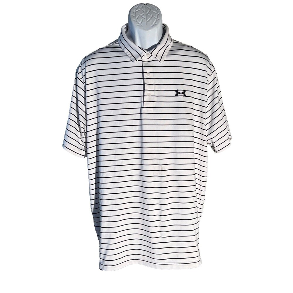 UNDER ARMOUR Men's Short Sleeve Button Down Striped Polo Shirt White XL SEE DES